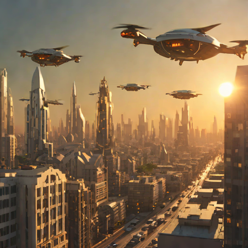 a futuristic city skyline at golden hour