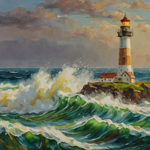 an oil painting of a lighthouse in a storm