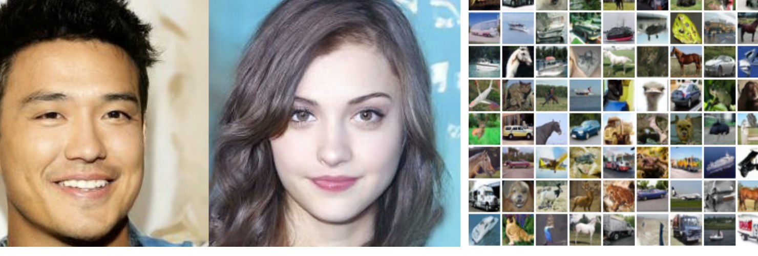 Generated samples from DDPM: faces and CIFAR10