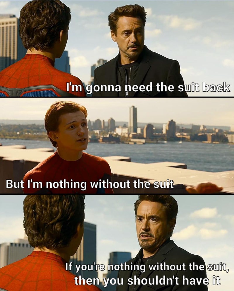 Tony Stark taking the suit back from Peter Parker