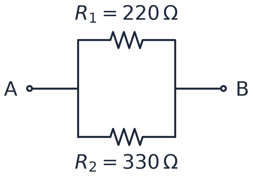 Two resistors, 220 ohm and 330 ohm, connected in parallel between nodes A and B